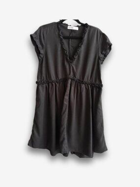 Zara Black Mini Lyocell Dress Ruffle Trim Loose Shift Fit S Grunge Alternative